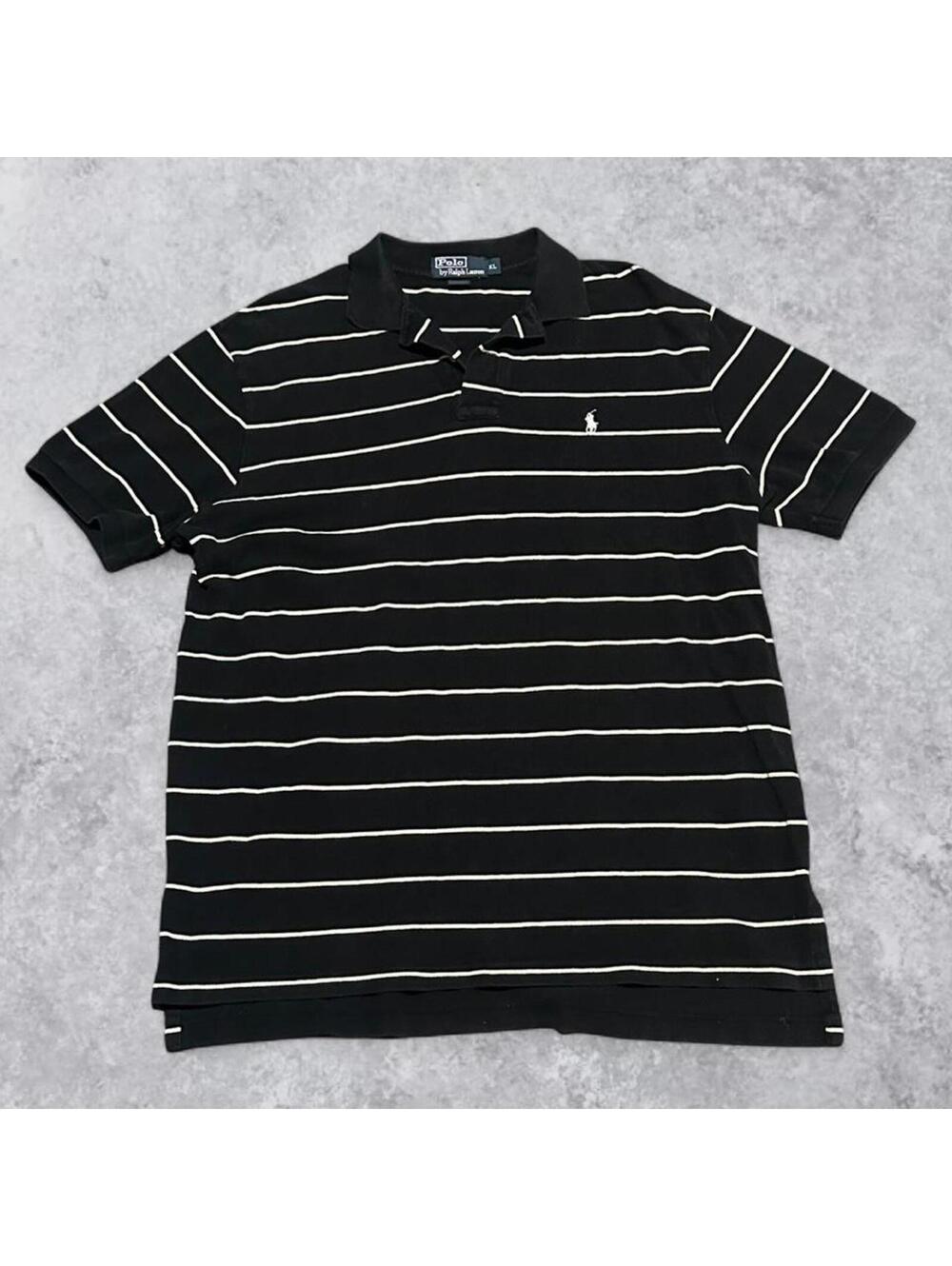 Vintage Y2K Polo Ralph Lauren Black and White Striped Droptail Polo - Size XL